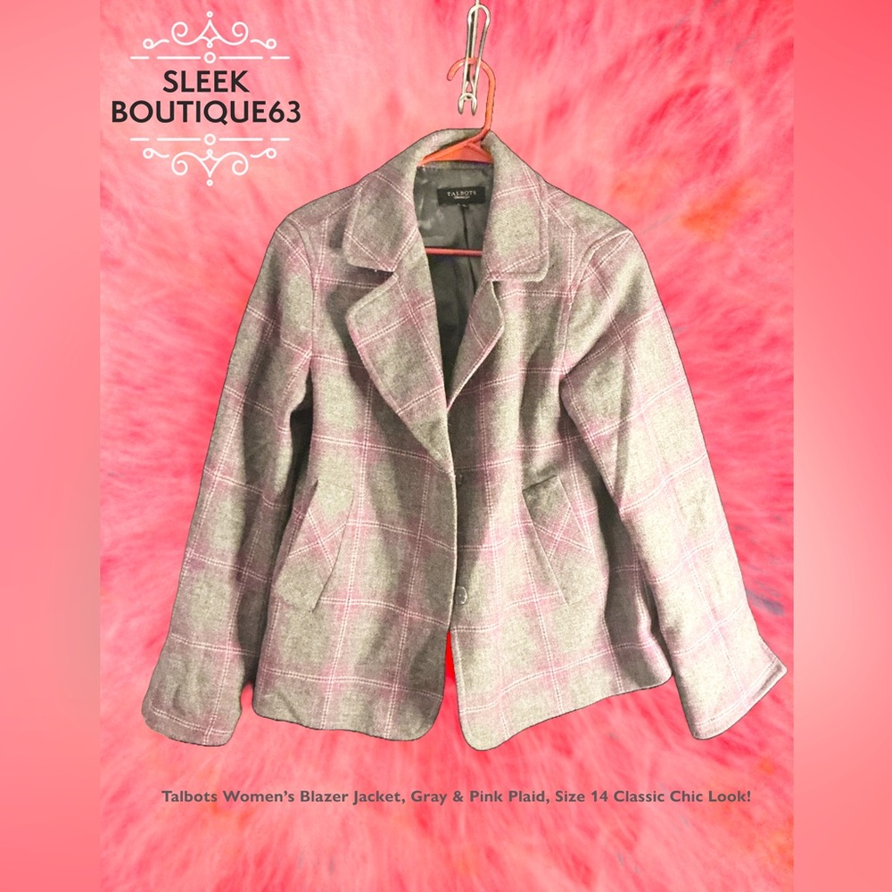 Talbots Glen Plaid Tweed Blazer Jacket Size 14 Gray Purple Wool Dark Academia